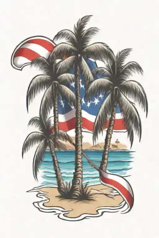 beach shore with palm trees and Puerto Rican flag intertwined tattoo design idea