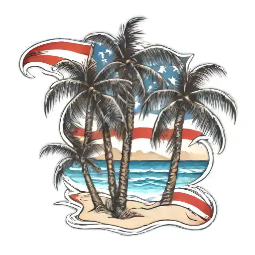 beach shore with palm trees and Puerto Rican flag intertwined tattoo design idea