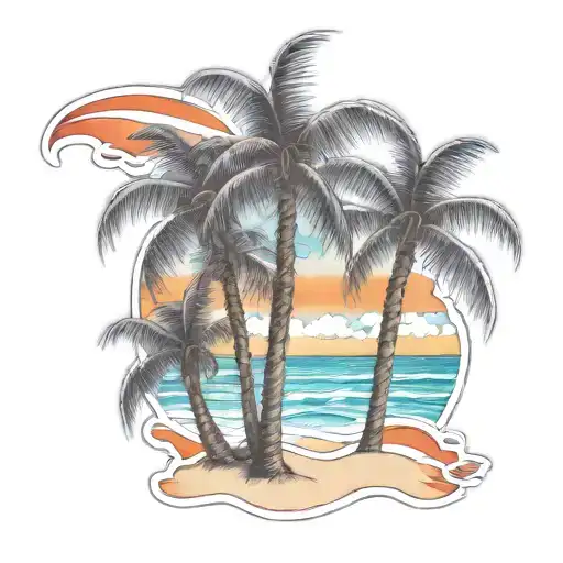 beach shore with palm trees intertwined within tattoo design idea