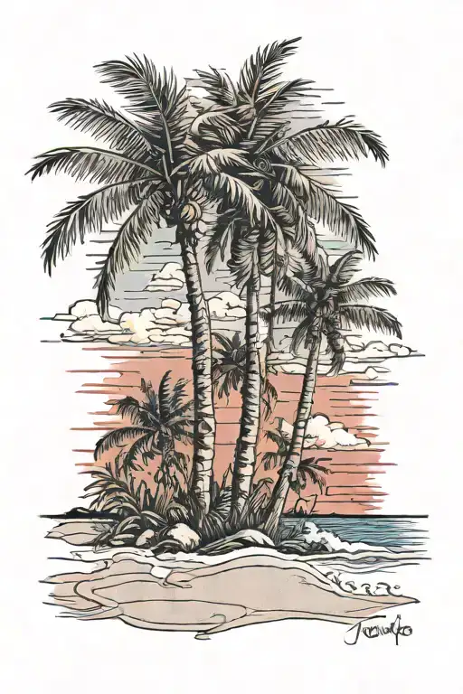Beach shore with palm trees with red blue sky  tattoo design idea