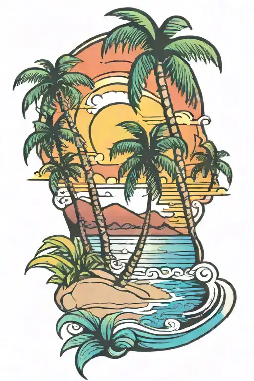 Beach shore with palm trees colors sunset tattoo design idea