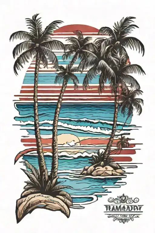 Beach shore with palm trees with red blue stripes    tattoo design idea