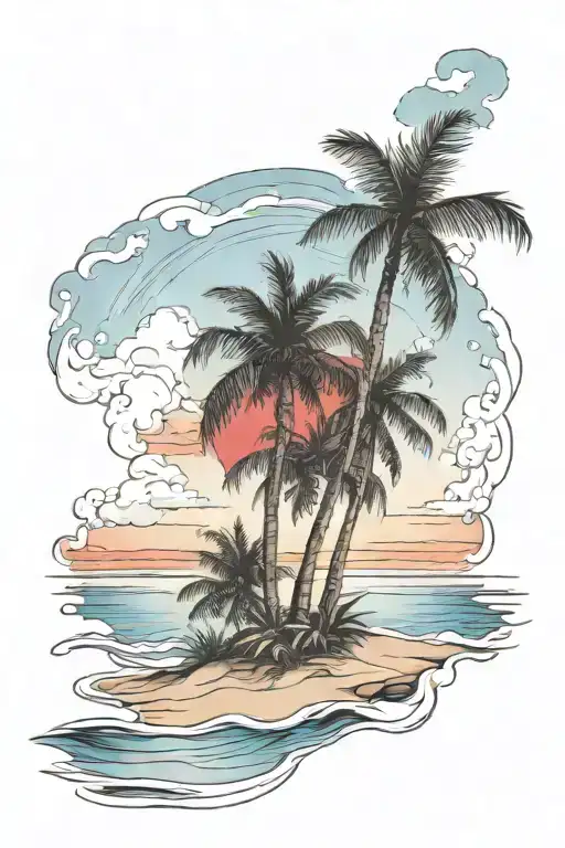 Beach shore with palm trees with red blue sky  tattoo design idea