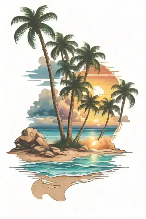 Beach shore with palm trees colors sunset tattoo design idea