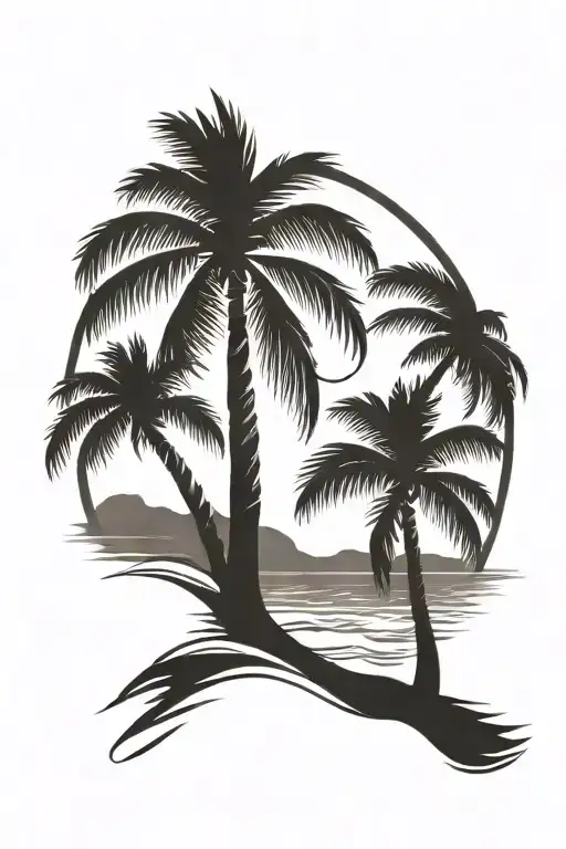 Beach shore with palm trees with flag tattoo design idea