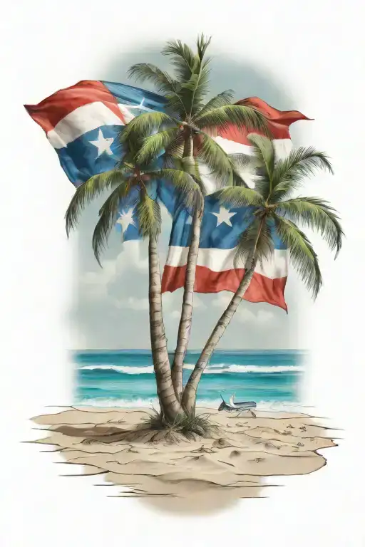 beach shore with palm trees and Puerto Rican flag intertwined tattoo design idea