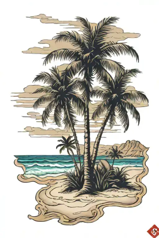 Beach shore with palm trees with flag tattoo design idea