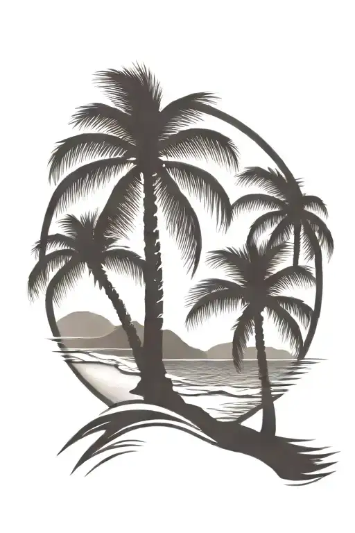 Beach shore with palm trees looking through lens tattoo design idea