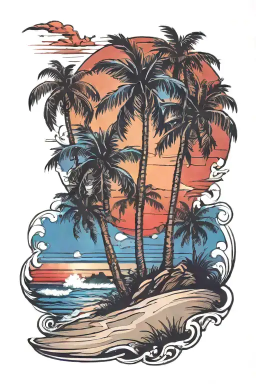 Beach shore with palm trees red and blue sunset background tattoo design idea