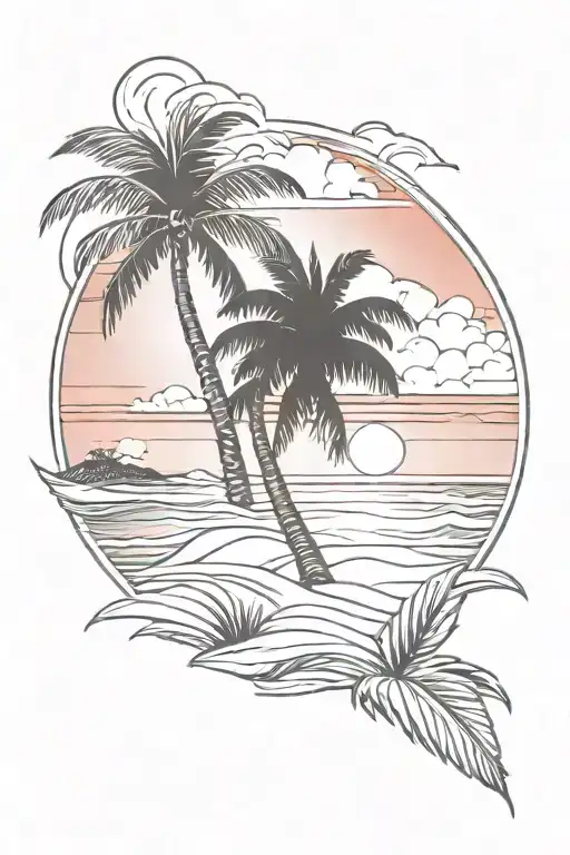 Beach shore with palm trees red and blue sunset background tattoo design idea