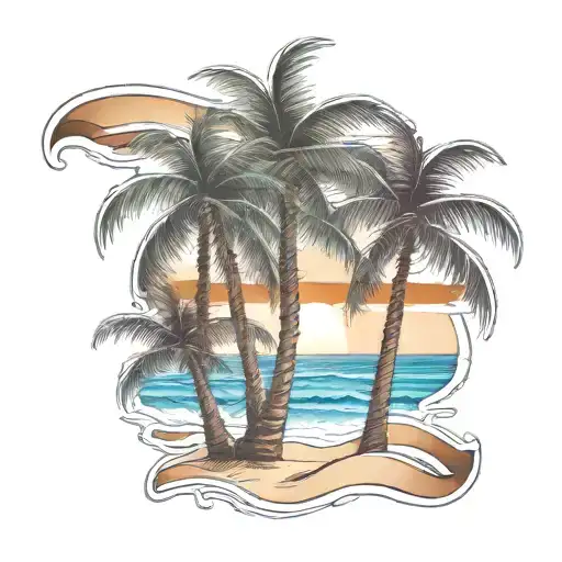 beach shore with palm trees intertwined within tattoo design idea