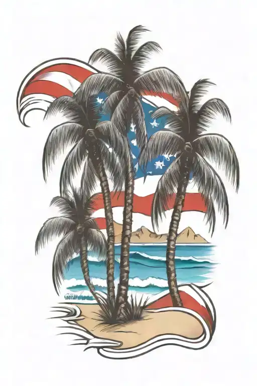 beach shore with palm trees and Puerto Rican flag intertwined tattoo design idea