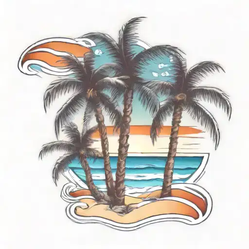 beach shore with palm trees intertwined within tattoo design idea