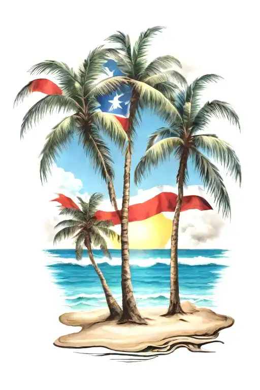 beach shore with palm trees and Puerto Rican flag intertwined tattoo design idea