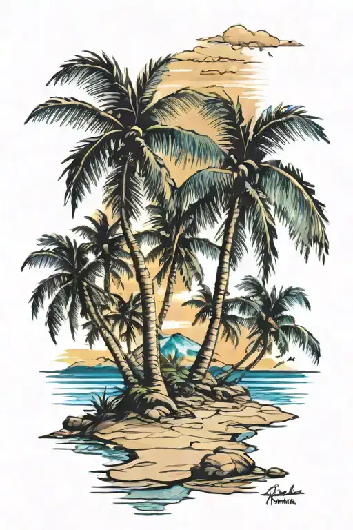 Beach shore with palm trees colors   tattoo design idea