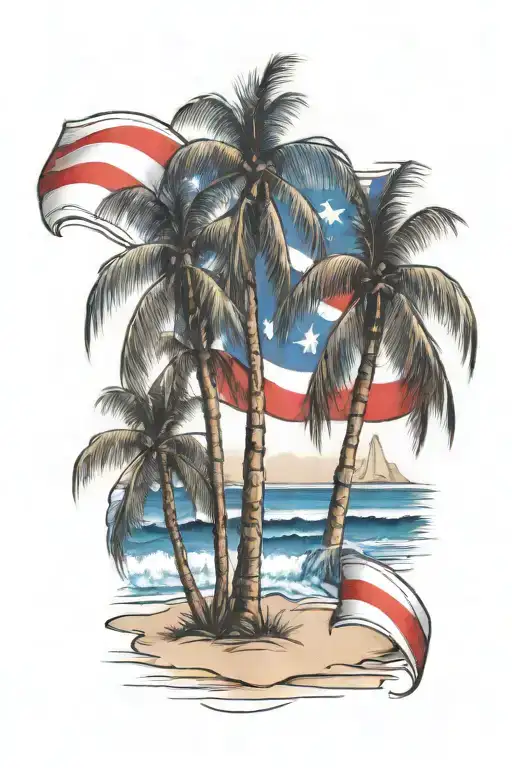 beach shore with palm trees and Puerto Rican flag intertwined tattoo design idea