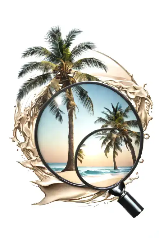 Beach shore with palm trees looking through lens tattoo design idea