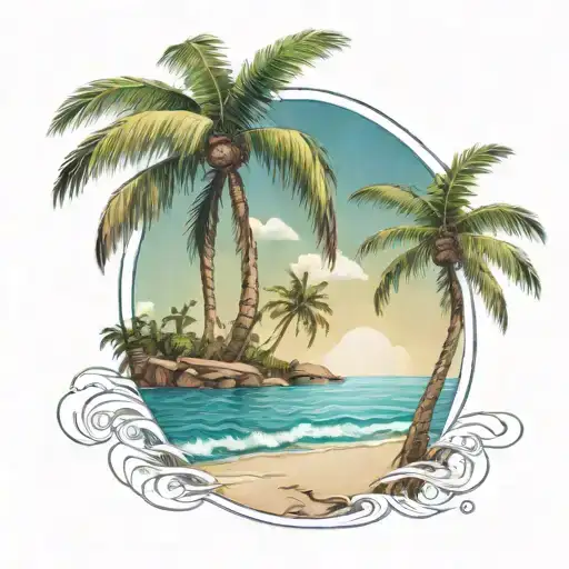 beach shore with palm trees intertwined within tattoo design idea