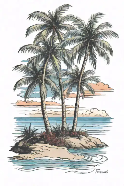 Beach shore with palm trees with red blue sky  tattoo design idea