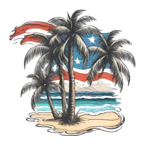 beach shore with palm trees and Puerto Rican flag intertwined tattoo design idea
