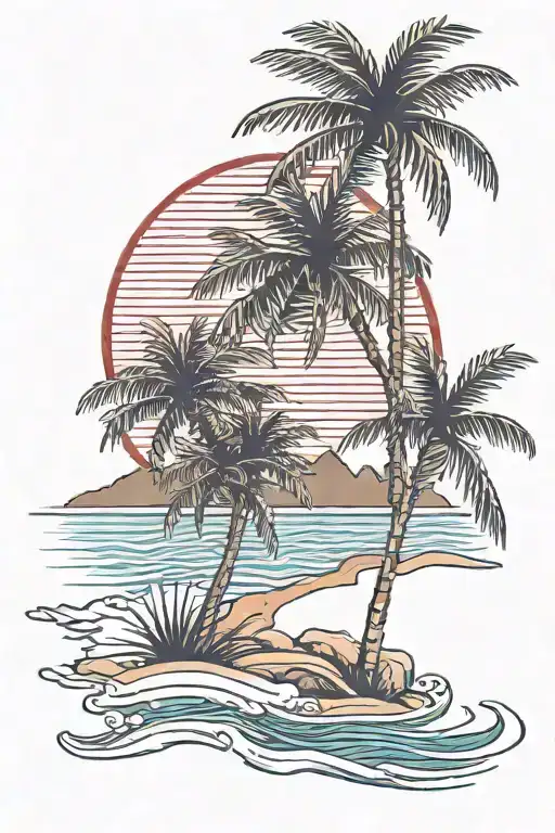Beach shore with palm trees with red blue stripes    tattoo design idea