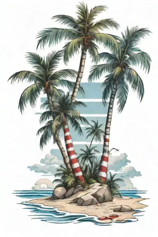 Beach shore with palm trees with red blue stripes    tattoo design idea