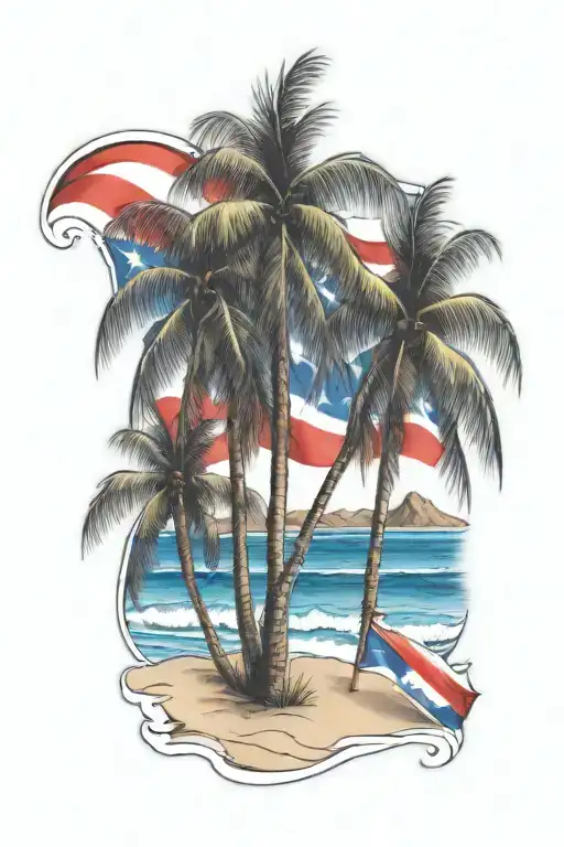 beach shore with palm trees and Puerto Rican flag intertwined tattoo design idea