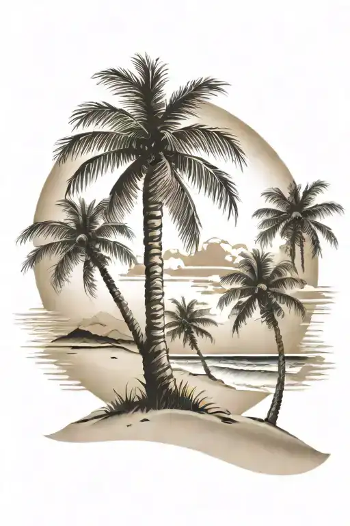 Beach shore with palm trees with flag tattoo design idea