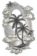 crossed palms rising sun and clouds tattoo design idea