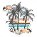 beach shore with palm trees intertwined within tattoo design idea