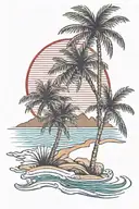 Beach shore with palm trees with red blue stripes    tattoo design idea