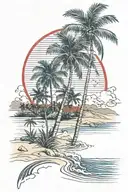 Beach shore with palm trees with red blue stripes    tattoo design idea