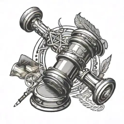 A lawyer's gavel intertwined with musical instruments in a black-grey style tattoo design idea