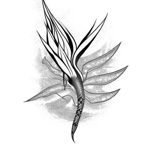 A blackwork tattoo of a bird of paradise transforming into a snake tattoo design idea