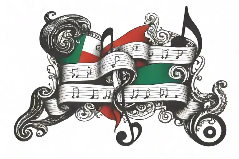 musical notes, italian flag, puerto rico flag, initials "IJMPS" in a cool looking ancient Roman text tattoo design idea