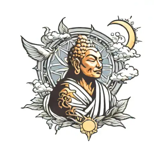 Budah meditating inside in a sunny sky tattoo design idea