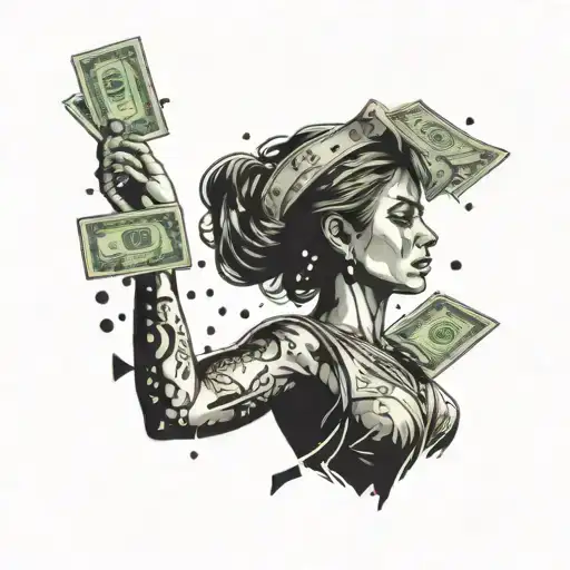 A tattoo featuring a woman's silhouette with money raining down around her, set against a marine corps background tattoo design idea