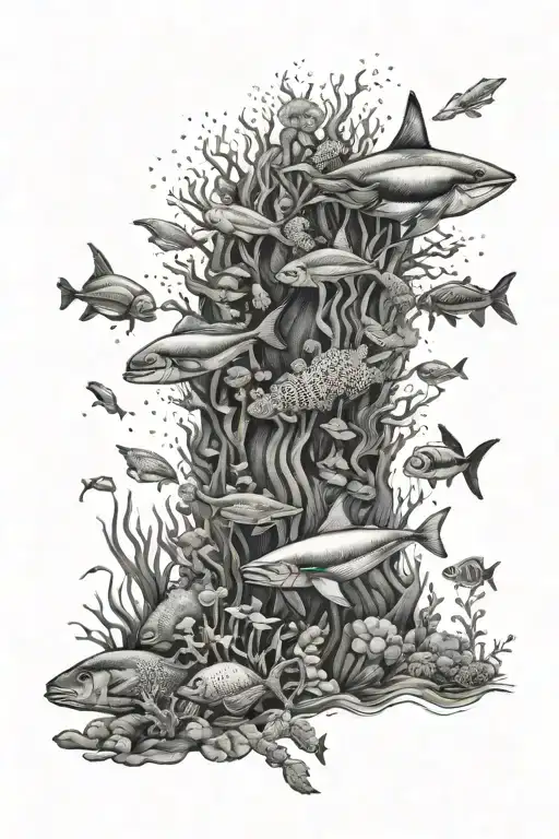 underwater ocean with Sea animals hidden tattoo design idea