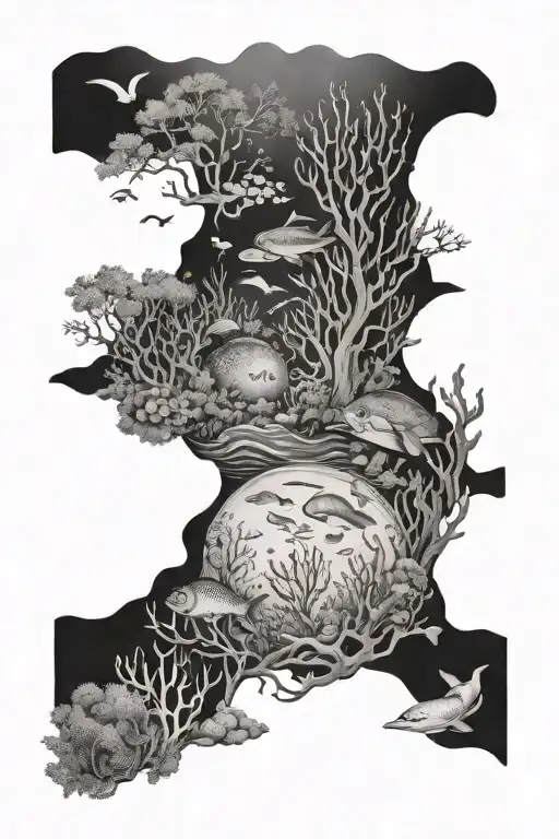 bottom of the ocean with sea animals and coral reefs tattoo design idea