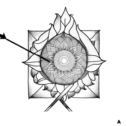 an arrow, the middle is a sunflower and the arrow is a stick, the arrow head is a sunflower seed and the tail is leaves. tattoo design idea
