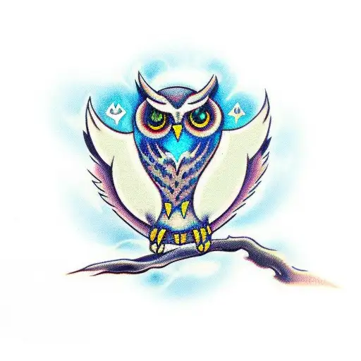 owl with blue fire and a dead tree tattoo design idea