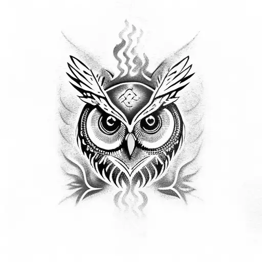 owl with blue fire and a dead tree tattoo design idea