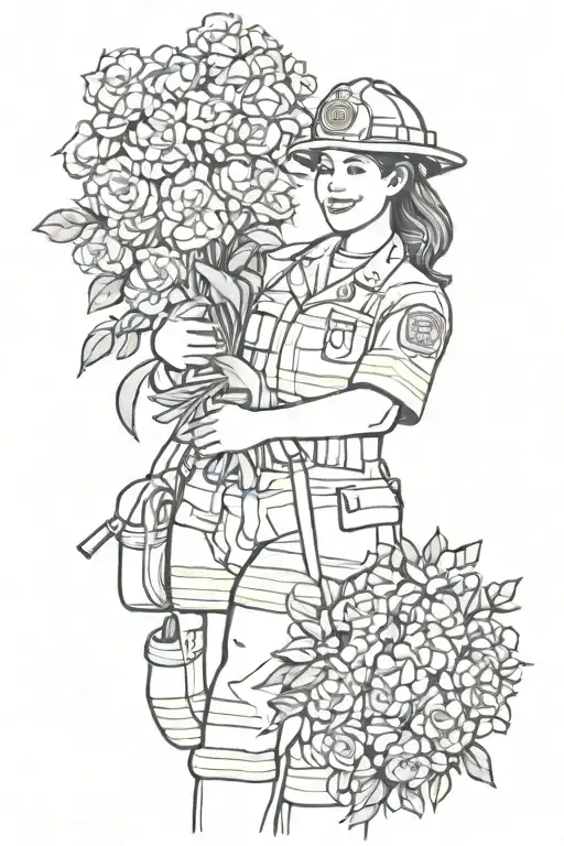 firefighter nurse holding a bouquet tattoo design idea
