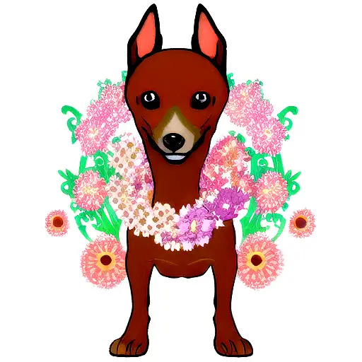 Pinscher dog with a happy face and flowers around  tattoo design idea