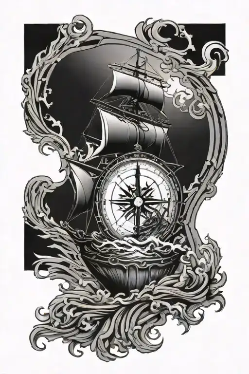 Nautical compass ship waves map tattoo design idea
