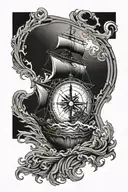 Nautical compass ship waves map tattoo design idea