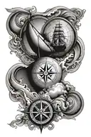 Nautical compass ship waves map tattoo design idea