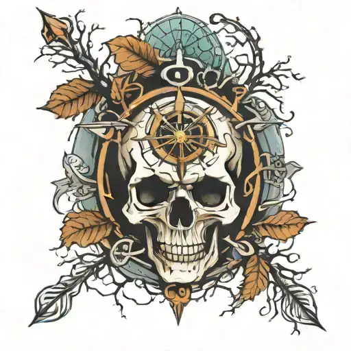 skull, compass and trees  tattoo design idea