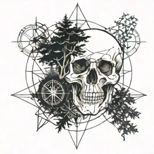 skull, compass and trees  tattoo design idea