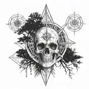 skull, compass and trees  tattoo design idea